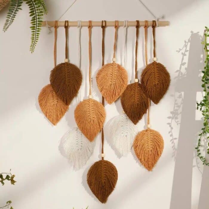 feuille macramé mural marron